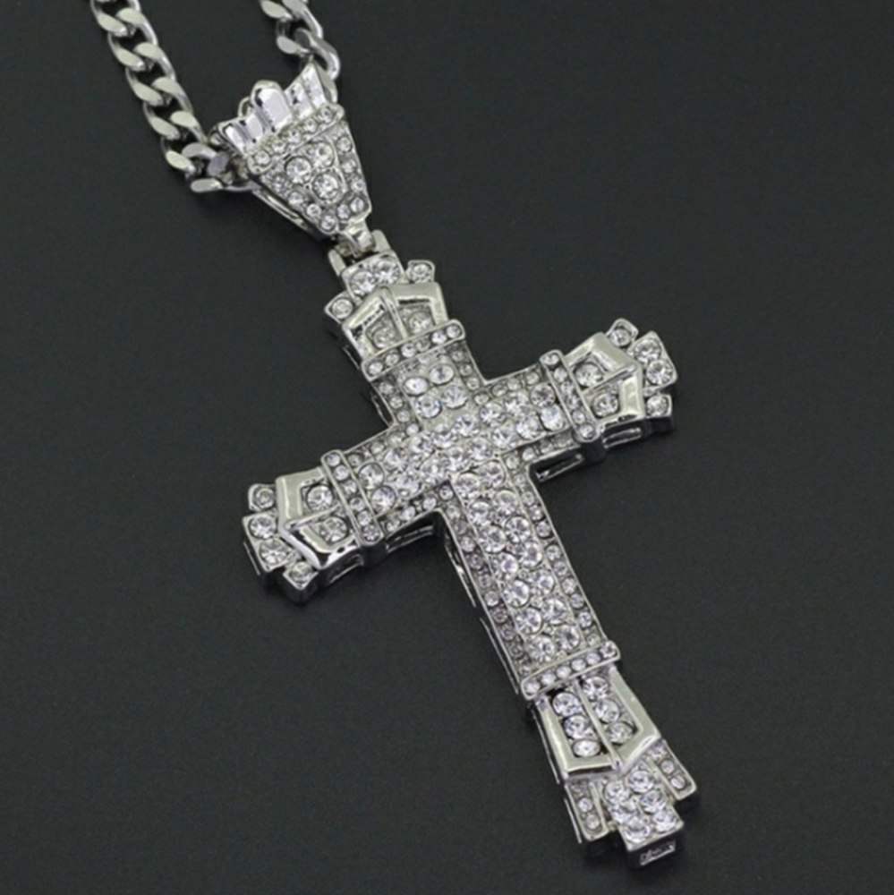 Silver Tone CZ Cross Pendant Necklace - Picture 3 of 5